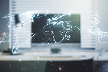 Double exposure of abstract digital world map on computer background, big data and blockchain concept