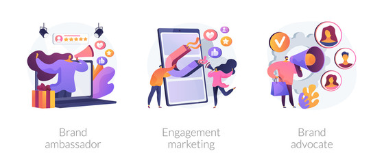 Internet marketing abstract concept vector illustration set. Brand advocate and ambassador, engagement marketing, brand representative, trademark, smm marketing strategy, awareness abstract metaphor.