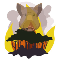 Wild boar with forest on fire with grey smoke on white isolated background, vector illustration for making prints, emblems, posters, concept of Environmental Protection, Danger of Wilderness fire.