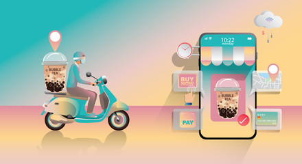 Online Shopping Concept, on Website or Mobile phone Application, Digital marketing. stay at home and using smartphones, food delivery. bubble tea, Vector for Design illustration 24-hours shopping