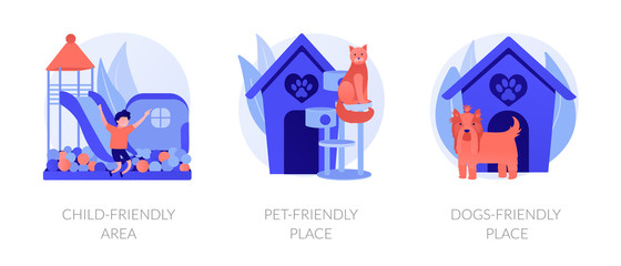 Urban environments flat icons set. Kids playground, domestic animals park. Child-friendly area, pet-friendly place, dogs-friendly place metaphors. Vector isolated concept metaphor illustrations.