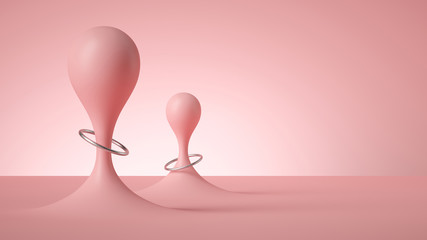 3d render, abstract modern minimal background, pastel pink vertical liquid drops with silver rings, smooth bubbles balloons, anti gravity concept.