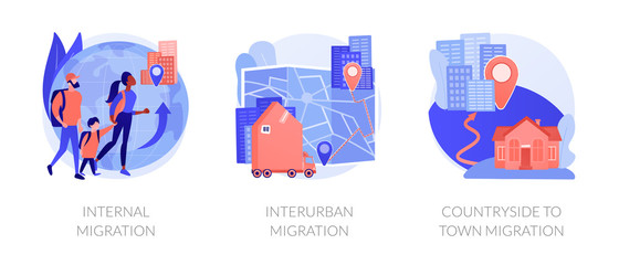 International and interurban human migration metaphors. Changing living location, legal immigration, countryside to town migration. Settling place abstract concept vector illustration set.
