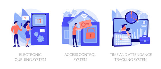 Smart home security, employee attendance monitoring. Electronic queuing system, access control system, time and attendance tracking system metaphors. Vector isolated concept metaphor illustrations.