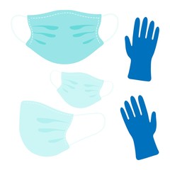 a set of medical masks and blue gloves. color drawing by hand. flat style. design of the memo. poster. icon.