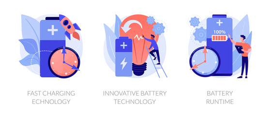 Accumulator capacity, energy power source maintenance. Fast charging technology, innovative battery technology, battery runtime metaphors. Vector isolated concept metaphor illustrations.