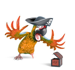 parrot pirate is screaming with happiness because it found a treasure chest
