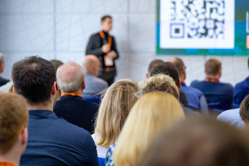 Fototapeta premium Audience listens lecturer at workshop