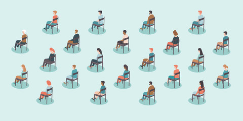 Social distancing on public events after coronavirus COVID-19 disease pandemic oubreak. Large gathering. People sitting with distance from each other. Concept Flat vector illustration - 352681955