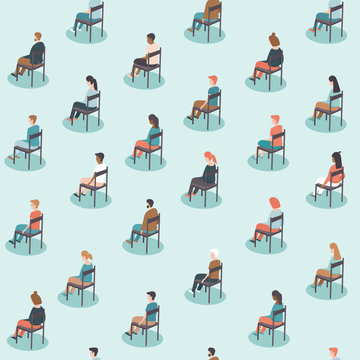 Social distancing on public events after coronavirus COVID-19 disease pandemic oubreak. Large gathering. People sitting with distance from each other. Concept Flat vector seamless pattern
