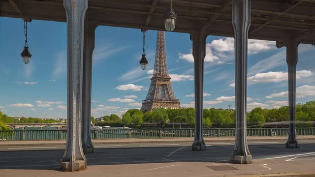 summer day paris city famous traffic river bridge tower view timelapse panorama 4k france