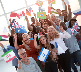 participants of the international forum with their national flags standing together