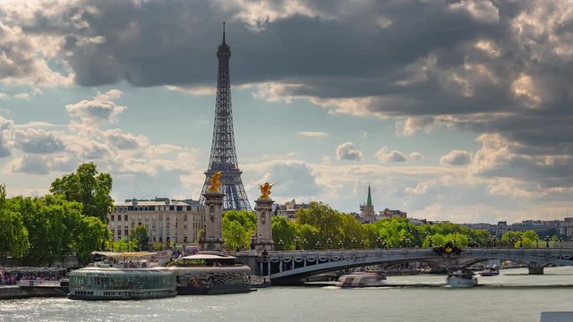 sunny day paris city center riverside traffic bridge famous tower timelapse panorama 4k france