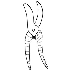 Black and white isolated secateurs hand-drawn. Garden scissors for flowers and plants. Vector.