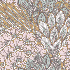 Eastern pattern with flowers, feathers and leaves
