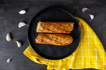Grilled garlic white bread. Sliced bread. Brazilian cuisine. Flat lay.