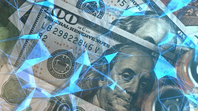 Hundred-dollar bills and apmuls with an animated plexus grid. Blue grid above the bills. Business concept of infographics, backgrounds, digital business and databases