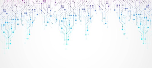 Technology circuit board texture background. Abstract circuit board banner wallpaper. Digital data industry. Engineering electronic motherboard. Wave flow , vector illustration.