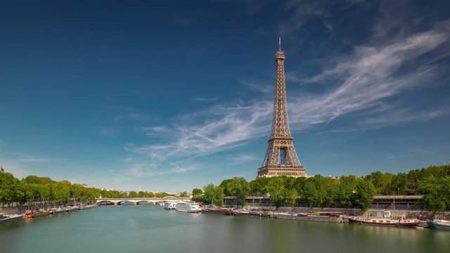 sunny summer day paris city famous riverside bay tower view walking bridge timelapse panorama 4k france 
