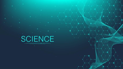 Molecular structure background. Science template wallpaper or banner with a DNA molecules. Asbtract molecule background with hexagons, wave flow. Vector illustration.