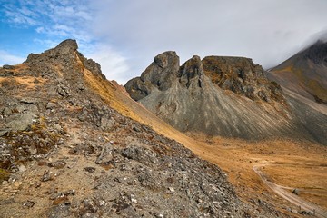 Hiking in Iceland rugged rocky mountain landscape