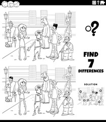 differences game with cartoon people coloring book page
