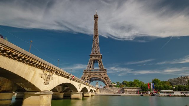 sunny summer day paris city famous riverside bay tower view bridge timelapse panorama 4k france 