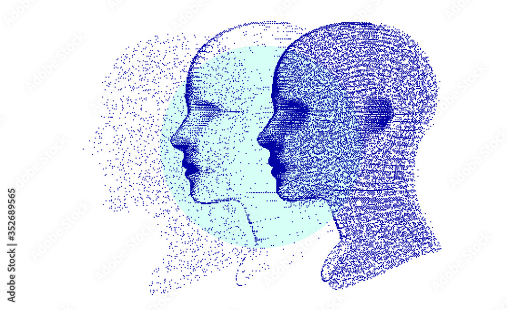 Poster Artificial intelligence and Machine Learning concept. Human head with glitched pixels, distorted profile of a woman made of square particles.