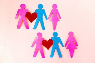 demonstrations same sex couples in love on pink background. Human rights and tolerance concept.