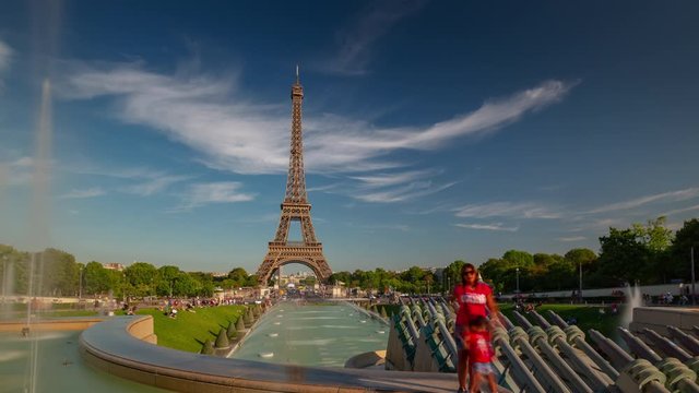 sunny day beautiful sky paris city famous tower park square fountain timelapse panorama 4k france 