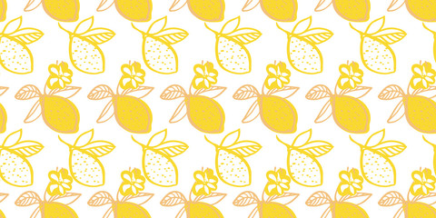 Vector graphic lemon citrus pattern. Geometric modern summer repeating design. Hand drawn bright citrus fruit pattern with leaf and blossom on white background. Classy simple summer backdrop.