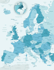 Naklejka premium Niebiesko-zielona szczegółowa mapa Europy z lokalizacją na świecie. Ilustracji wektorowych