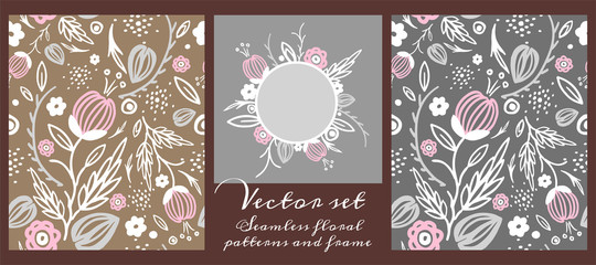 Vector set. Seamless floral patterns and frame. flowers and leaves, branches and dots, lines. The buds are blooming. For issuing wedding invitations. For the decor. Elements for design postcards.