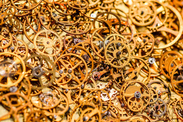Mechanical watch repairing concept. closeup the parts of mechanical wristwatch.Detail of clock parts for restoration