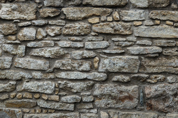 Cobblestone texture.Marble and granite drainage system closeup.Concrete wall with gravel. Gray foundation of the house.