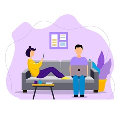 A man and a woman are sitting on the couch. Work at home. Freelance