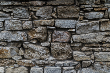 Cobblestone texture.Marble and granite drainage system closeup.Concrete wall with gravel. Gray foundation of the house.