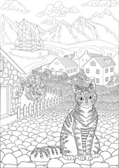 Coloring book for adults with cute animal and a european village with castle in a background - 352693331