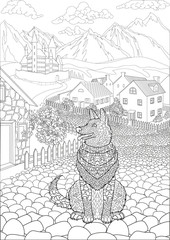 Coloring book for adults with cute animal and a european village with castle in a background