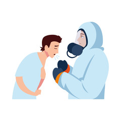 Doctor with protective suit checking man with dry couch vector design
