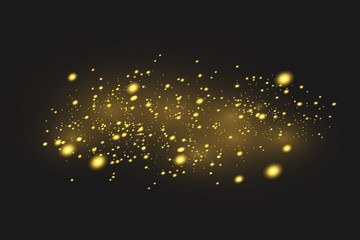 The dust sparks and golden stars shine with special light. Vector sparkles on a black background.