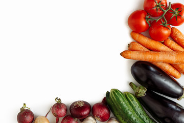 Organic food background. Food photography different fruits and vegetables isolated white background. Copy space. High resolution product