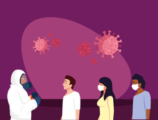 Doctor with protective suit checking people vector design