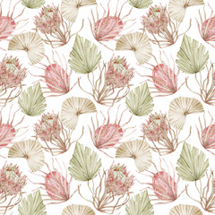 Fototapeta na wymiar Watercolor seamless background with pink protea flowers and dried palm tree leaves. Hand-drawn exotic floral pattern.