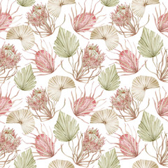 Watercolor seamless background with pink protea flowers and dried palm tree leaves. Hand-drawn exotic floral pattern.