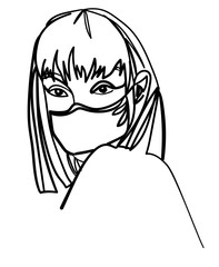 Girl in a protective mask. The disease, the epidemic. COVID STOP. single line drawing.