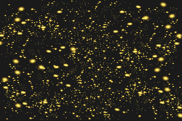 The dust sparks and golden stars shine with special light. Vector sparkles on a black background.