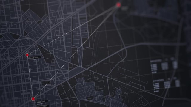 Tracking SIM card signal on the city map. Special spy security following program interface. Three targets are moving. Satellite connection network. System Control Center. Target capture concept in 4K