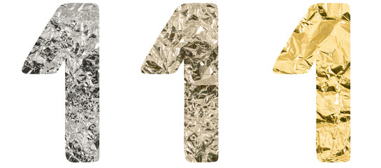 Isolated Font number 1 one made of crumpled titanium, silver, gold foil on white background