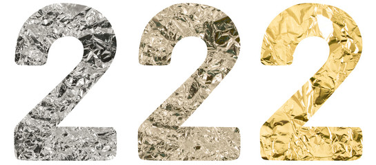 Isolated Font number 2 two made of crumpled titanium, silver, gold foil on white background